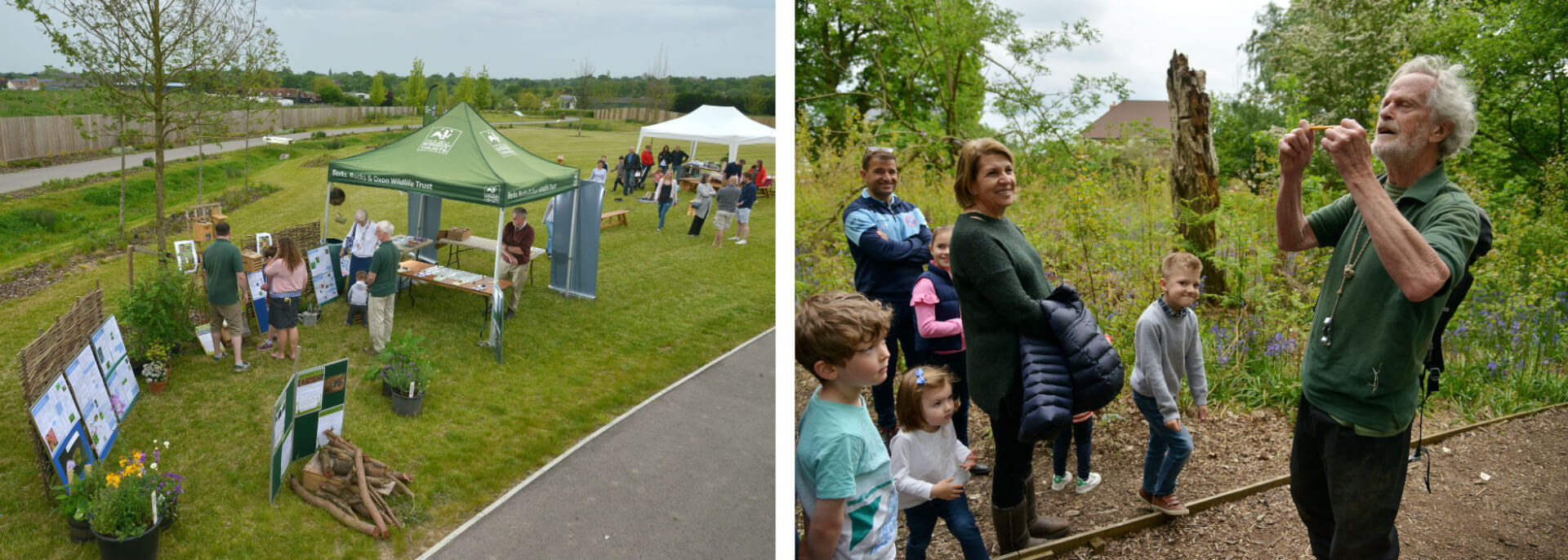 Two photographs, the first showing a Wildlife trust marquee with people within on green space within the development and the second showing a guide from the Woodland Trust talking to a group.